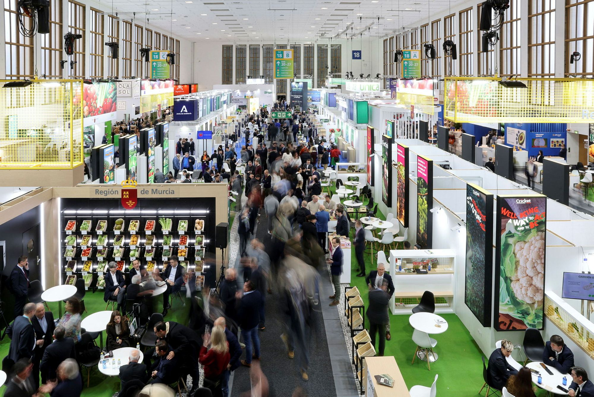 Elevated view across an exhibition hall filled with exhibitor stands and trade visitors.