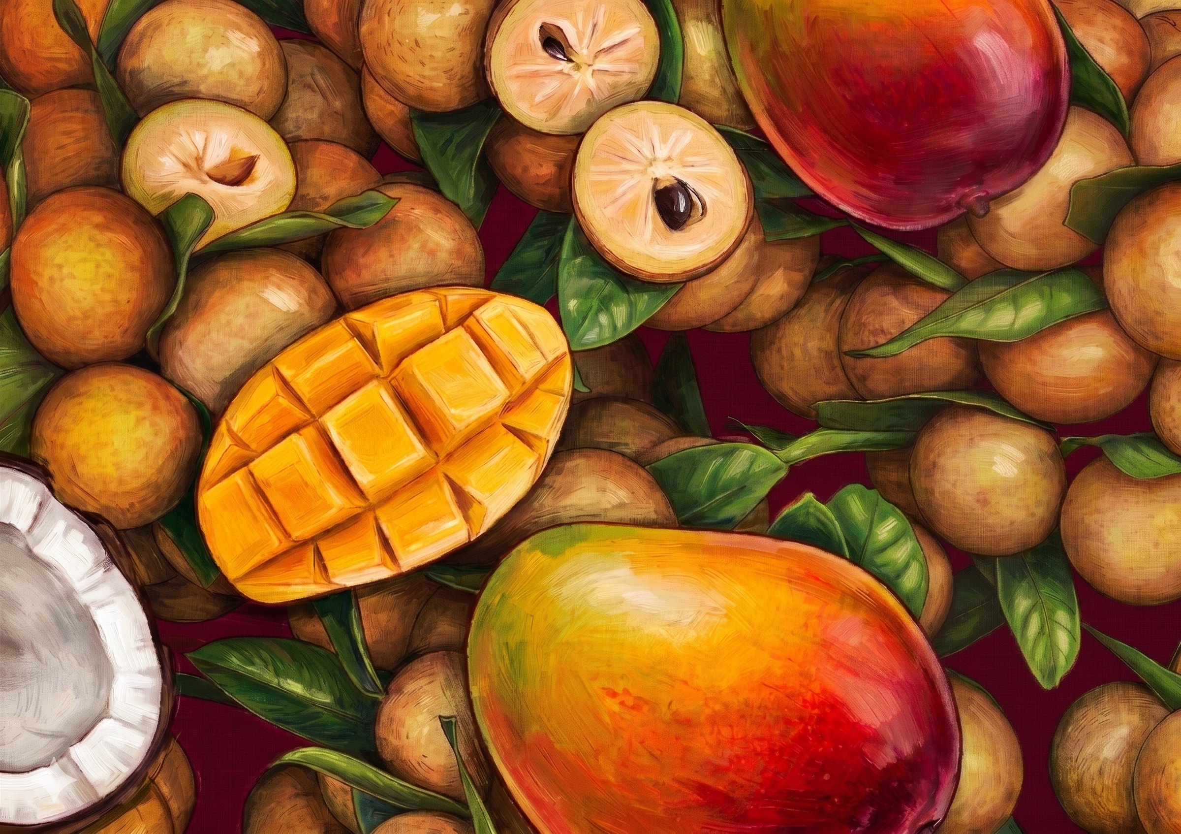 Painted illustration of Indian produce — two mangoes, one of them scored into cubes, with sapodillas, longans and a split coconut among green leaves — the FRUIT LOGISTICA Connect India key visual.