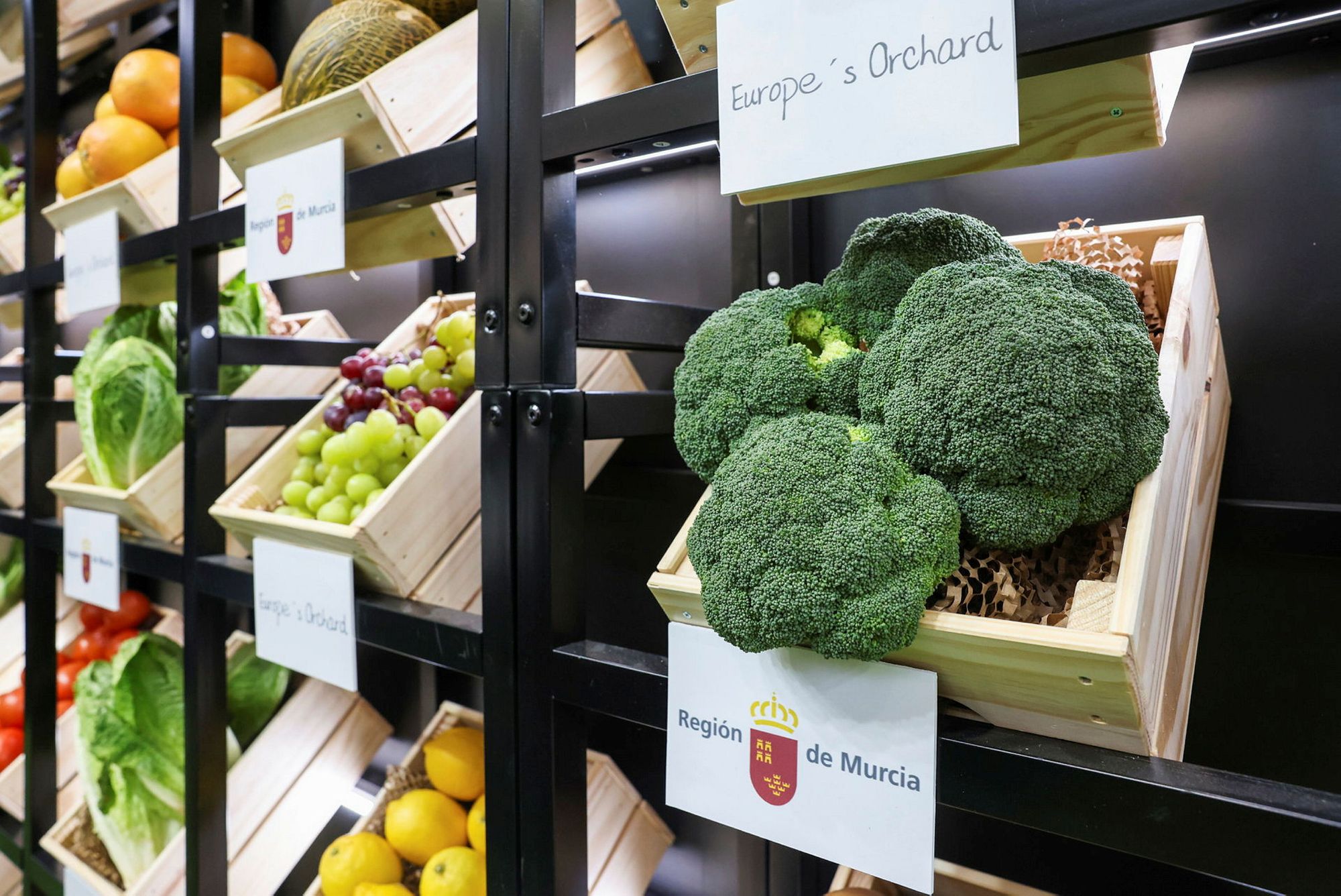 Wooden crates of broccoli, grapes and lemons arranged on black retail-style display shelving.